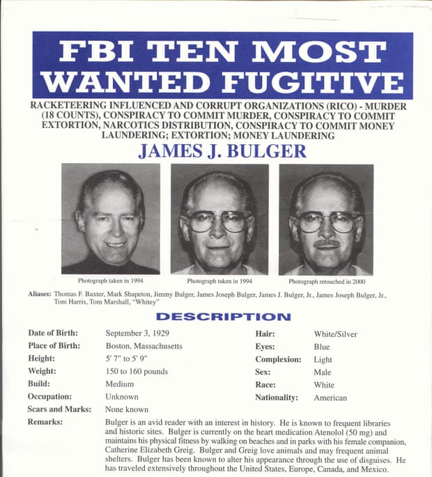 An FBI poster showing the Boston mobster James ‘Whitey’ Bulger, issued in November 2000.