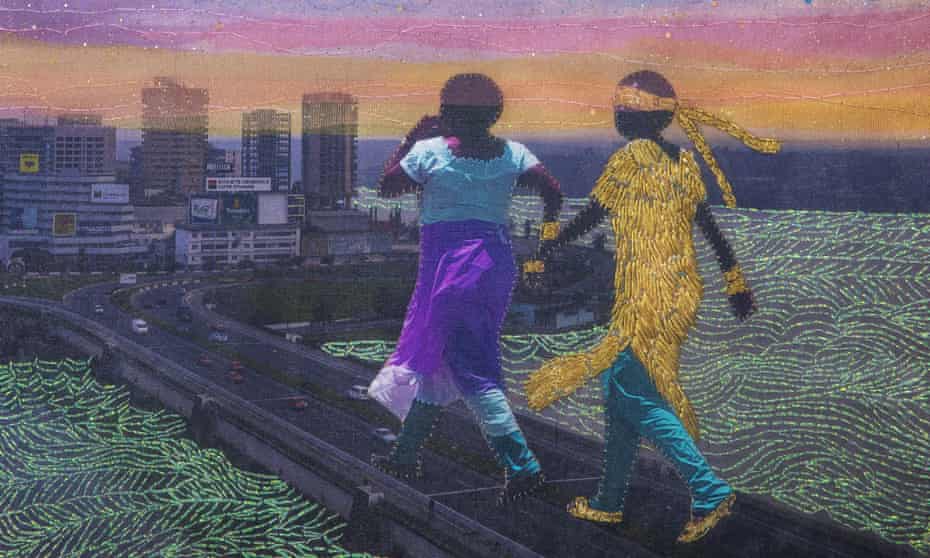 A detail from It’s Only For Your Good by Joana Choumali. ‘The picture was shot in Plateau, Abidjan. Two women cross a bridge. One is talking to her cellphone, while holding the hand and leading another woman, who follows, blinded by a golden scarf.’