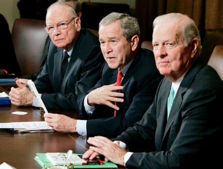 George W Bush, with Lee Hamilton on the left, speaks to the press after receiving a report of the Iraq study group.