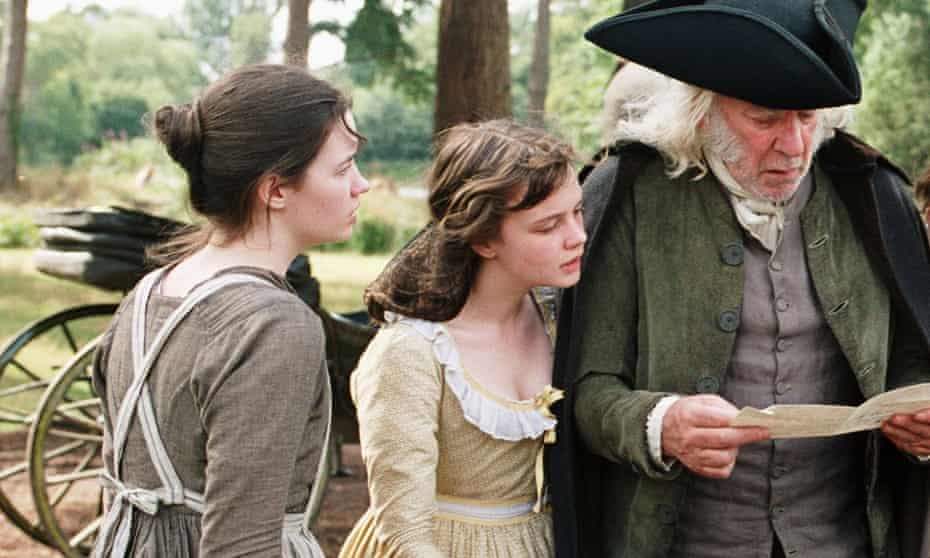 Pushed out of view ... Talulah Riley as Mary Bennet (left) and Carey Mulligan as Kitty with Donald Sutherland as Mr Bennet in the 2005 film of Pride and Prejudice.