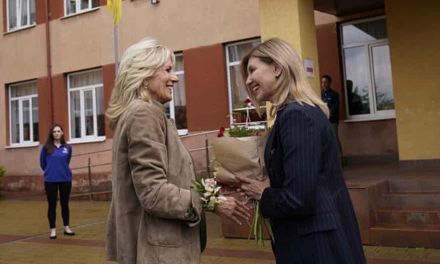 Jill Biden greets Olena Zelenskiy, Ukraine’s first lady, outside School 6, in Uzhhorod, Ukraine.