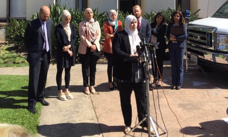 Soondus Ahmed and other plantiffs and attorneys representing the women hold a press conference in Laguna Beach.