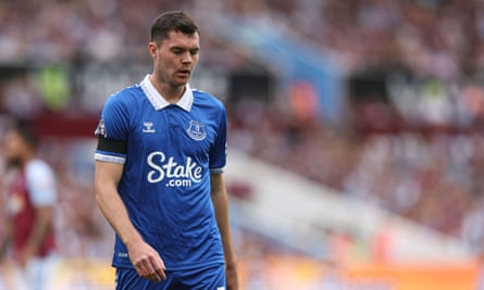 Micheal Keane looks unhappy during Everton’s defeat at Aston Villa