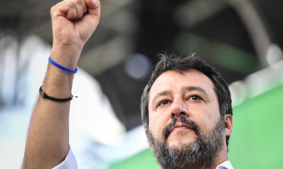 Matteo Salvini gestures at the start of the rally in Rome