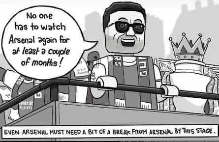David Squires cartoon panel showing Mikel Arteta looking happy as he says that ‘no one has to watch Arsenal again for a couple of months’