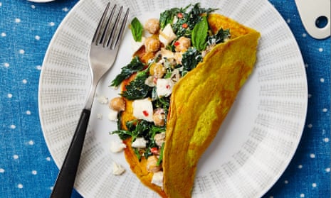 Thomasina Miers’ chickpea pancake with nettles and salted ricotta.