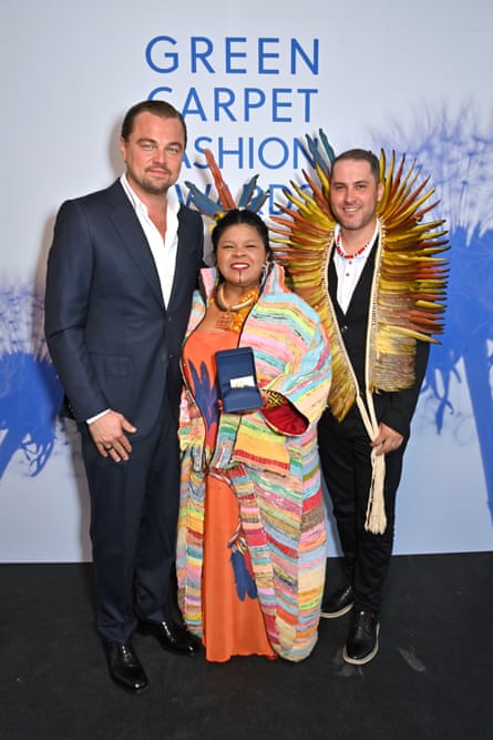 Leonardo DiCaprio, Brazil’s Indigenous peoples minister Sonia Guajajara and Gasparini Kaingang at the Green Carpet Fashion Awards in Hollywood