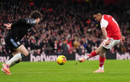 Gabriel Jesus scores Arsenal’s fourth goal against Aston Villa.