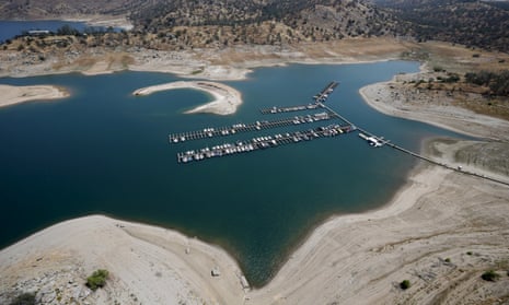 Reservoir banks that used to be underwater are seen at Millerton Lake in Friant, California.