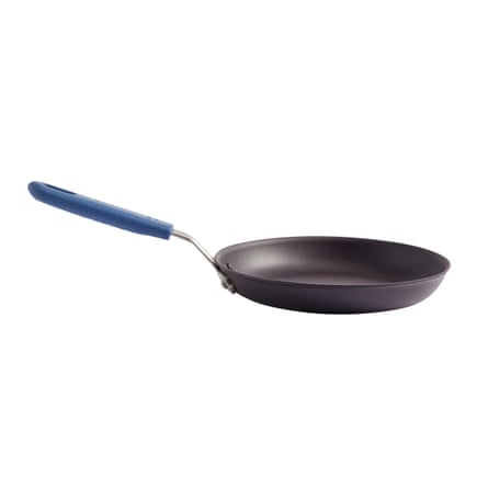 Cast iron frying pan with blue handle