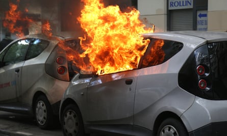 A car burns in Paris.