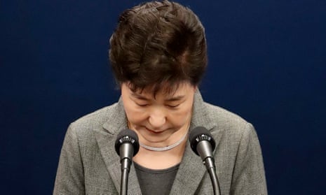 South Korean President Park Geun-hye bows after addressing the nation over a political scandal involving her and her longtime friend Choi Soon-sil at the presidential office in Seoul, South Korea.