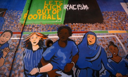 Let’s Kick Racism Out of Football artwork inside Birmingham City’s St Andrew’s ground.