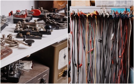 side by side images: on the left, small devices with large buttons. On the right, lots of thin cables