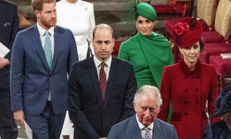 Prince Harry, William, Meghan and Catherine at Westminster Abbey in 2020 with Charles, before he became king.