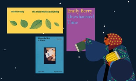 Three book jackets - The Trees Witness Everything by Victoria Chang, Unexhausted Time by Emily Berry and Home is not a Place by Roger Robinson and Johny Pitts-  and an illustration of a woman holding one book under her arm and another one held out with her other arm.