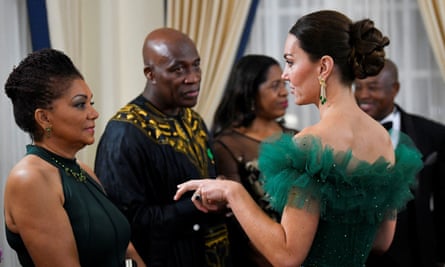 The Duchess of Cambridge attends a dinner hosted by Patrick Allen, governor general of Jamaica, at King’s House, Kingston, Jamaica.