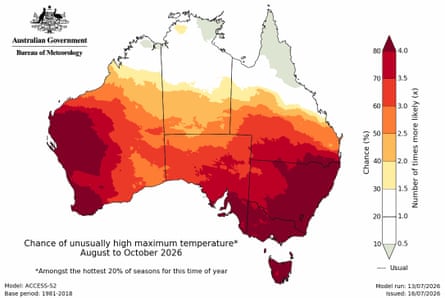Map showing the areas with a chance of unusually high maximum temperatures for the August to October 2026 period. Deep red shows areas with an at 80% chance of seeing temperatures in the top 20% for that period.