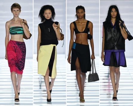 Composite of four looks from Prada Milan show, all featuring skirts