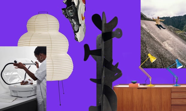 Composite image showing from left to right, Robust Nest, Noguchi lamp, Helen Kirkum shoe, Noguchi sculpture, the Anglepoise lamp, portrait of artist Isamu Noguchi