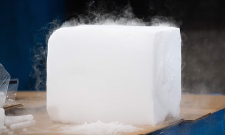 A block of dry ice, or frozen carbon dioxide