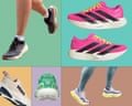A collage of running shoes :On Cloudmonster Hyper 3, Nike Ultrafly, Adidas Adizero Evo SL, Hoka Skyflow Photograph: Paige Triola/The Guardian