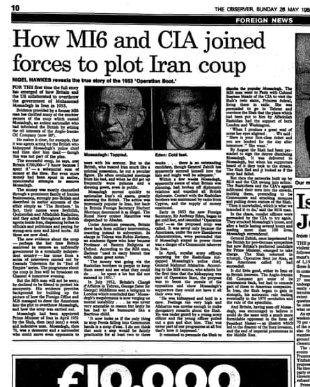 The Observer newspaper dated 26 May 1985, with a report on how MI6 and CIA joined forces to plot the 1953 Iran coup.