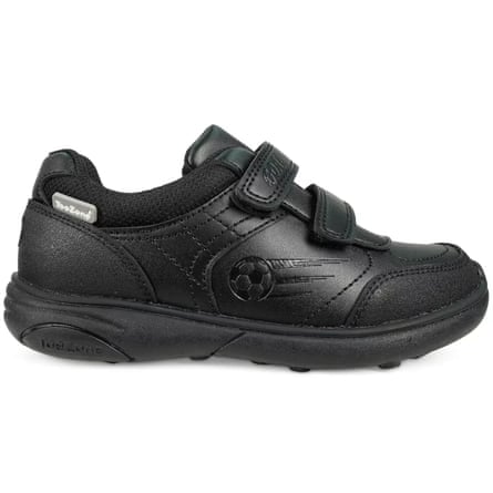 ToeZone Ace – Boys black school shoes with rip tape fastening and an embossed football with speed stripes.