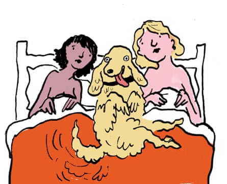 Illustration of two women in bed with an exuberant dog between them