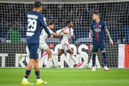 Endrick celebrates after scoring for Lyon against PSG.