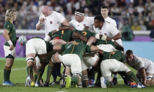 South Africa’s Faf de Klerk holds the ball as a scrum is reset during last year’s Rugby World Cup final.