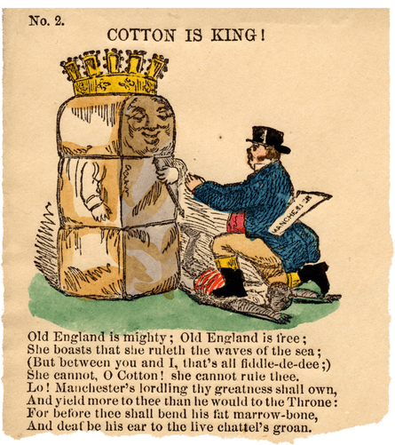 In this civil-war era US cartoon, John Bull, the emblem of British ‘liberty’ – with a paper labelled ‘Manchester’ in his pocket – kneels on the body of a slave before a large, crowned bale of cotton.