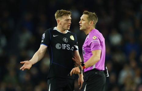 Chelsea's Liam Delap remonstrates with referee Craig Pawson.