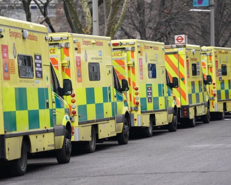 Ambulances parked outside London Ambulance Service NHS Trust control room in Waterloo, London.