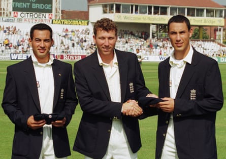 Adam and Ben collect their England caps from captain Mike Atherton at Trent Bridge in 1997.