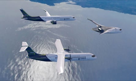 An artist’s impression of three Airbus ZEROe concept aircraft, which are hydrogen hybrids.