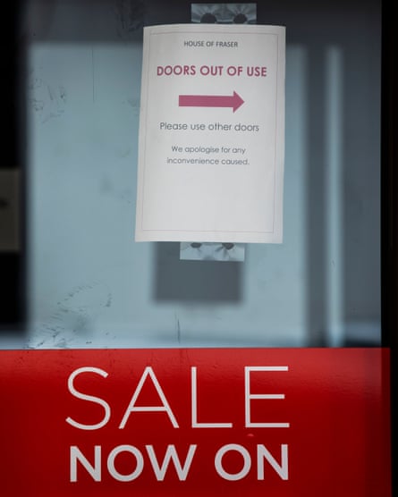 Broken door at the House of Fraser store on Victoria Street, in Wolverhampton.