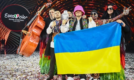 Ukraine’s Kalush Orchestra after winning the 2022 Eurovision Song contest in Turin.