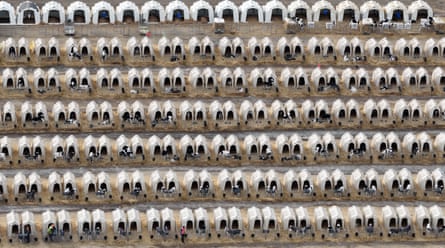 Calf-rearing hutches at a dairy unit in England seen from above.