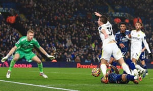 Ben White of Arsenal brings down Joe Gelhardt of Leeds United for a penalty.