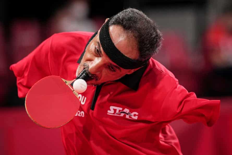 Egypt’s Ibrahim Elhusseiny Hamadtou returns a ball during the men’s table tennis singles (Class 6) Group match against China’s Chao Chen at the Tokyo 2020 Paralympic Games at Tokyo Metropolitan Gymnasium 27 August