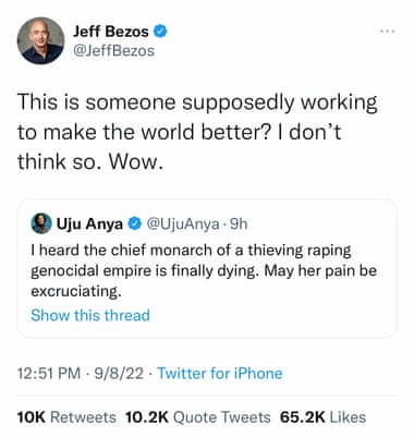Screenshot of Jeff Bezos’s response to Uju Anya’s tweet about Queen Elizabeth