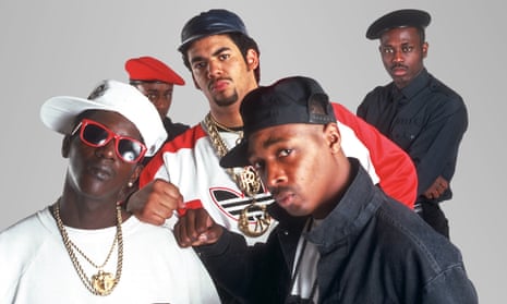 Public Enemy’s Flavor Flav, Professor Griff, Terminator X and Chuck D and a member of the S1W troupe in 1988. 