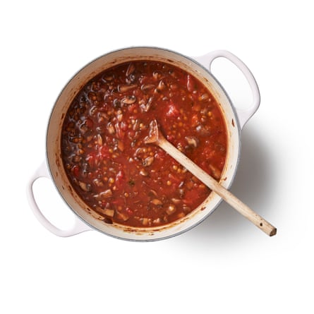 Felicity Cloake’s Vegan Moussaka. Add the tomatoes and stock, turn down the heat and leave to simmer for about an hour, until the lentils are cooked and the sauce is rich and thick. Stir in the miso, taste and adjust the seasoning as necessary, then fish out and discard the cinnamon and bay leaves (if you can find them, that is).