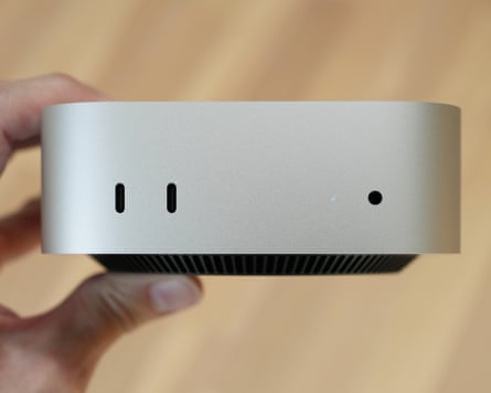 The front of the Mac mini M6 showing the USB-C and headphones ports.