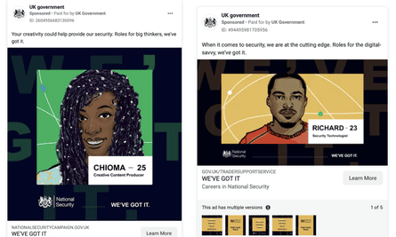 An intelligence services recruitment campaign from 2021. The ads were targeted at people at certain universities living in areas of cities with a large black community.