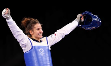 Matea Jelic of Croatia celebrates winning taekwondo gold.