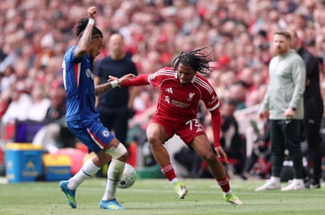 Rio Ngumoha takes on Malo Gusto.