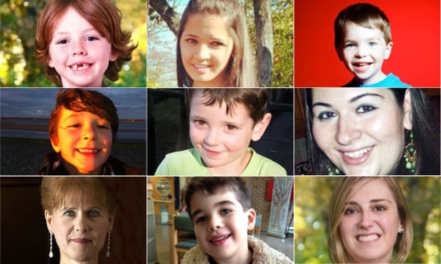Victims of the shooting whose families are filing the lawsuit include (clockwise from top left): Daniel Barden, Victoria Soto, Dylan Hockley, Rachel Marie D’Avino, Benjamin Wheeler, Jesse McCord Lewis, Mary Joy Sherlach, Noah Pozner and Lauren Rousseau.