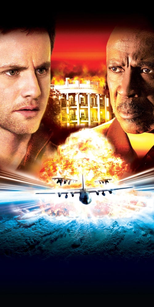 large images of two men’s faces next to burning White House and explosion behind plane